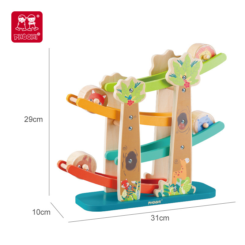 kids wooden puzzle toys, four story forest themed track, children's wooden ramp roller speed toys