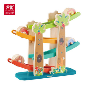 kids wooden puzzle toys, four story forest themed track, children's wooden ramp roller speed toys