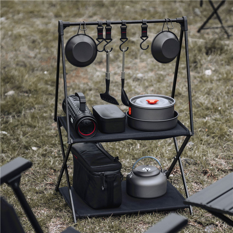 NPOT Outdoor Camping 3 Layers Storage Rack Portable Folding Aluminum Alloy Hook Storage Table