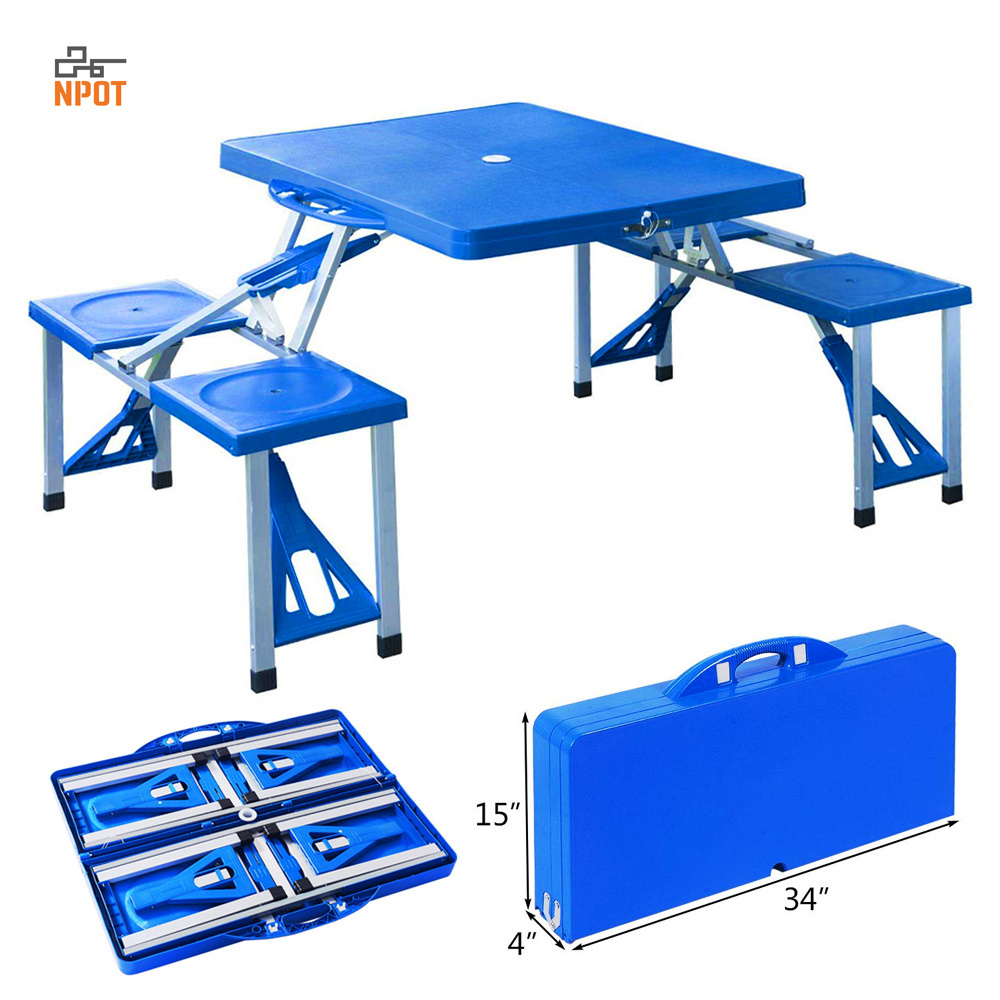 NPOT Factory Price OEM Portable Picnic Foldable Table with Chairs and Umbrella Hole 4-person Fold up Travel Table Plastic BSCI