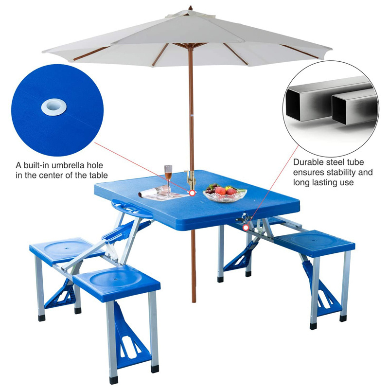 NPOT Factory Price OEM Portable Picnic Foldable Table with Chairs and Umbrella Hole 4-person Fold up Travel Table Plastic BSCI