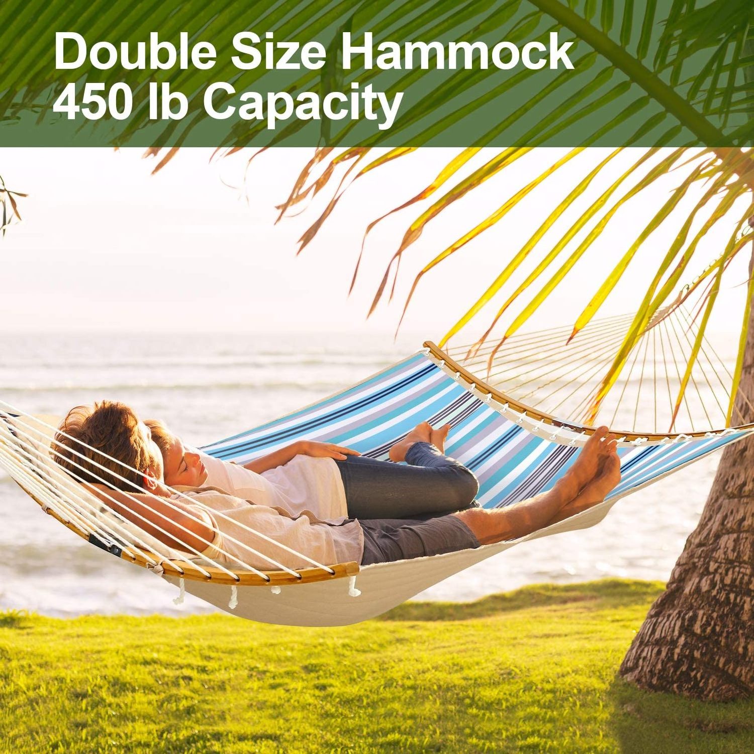 Double Portable Hammocks with Folding Bamboo Spreader Bar & Pillow,Tree Hammock Swing