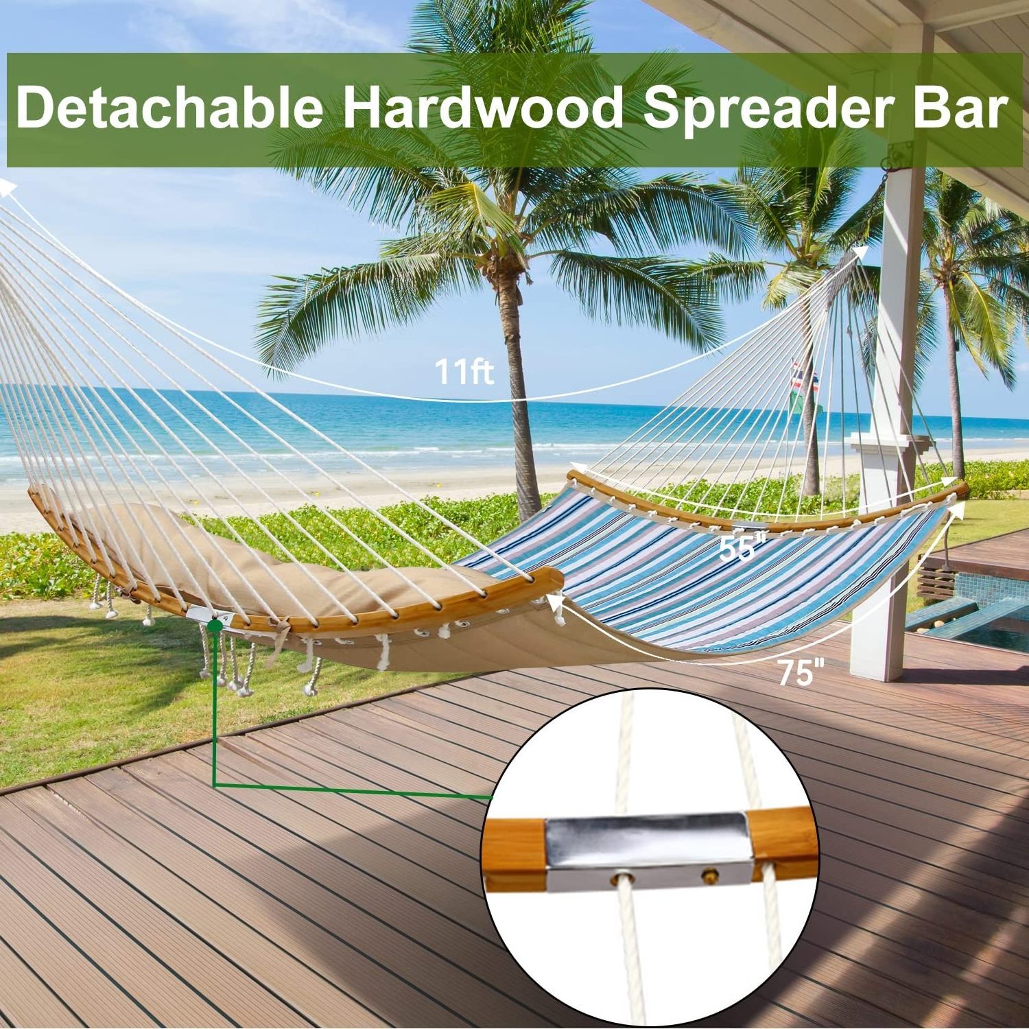 Double Portable Hammocks with Folding Bamboo Spreader Bar & Pillow,Tree Hammock Swing