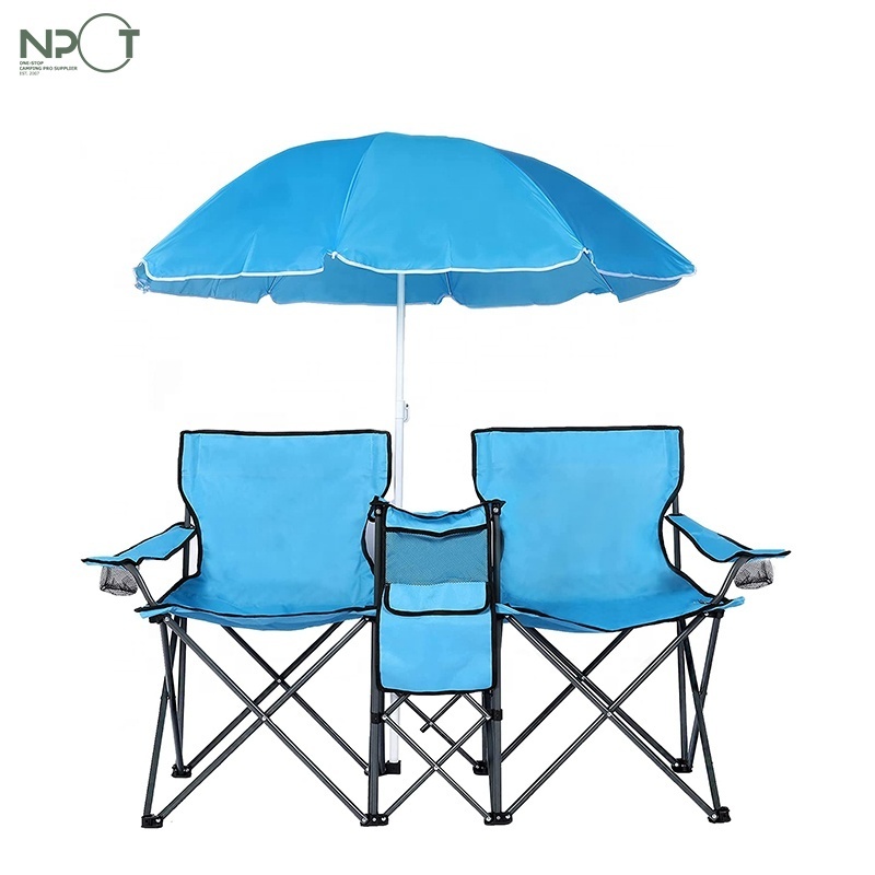 NPOT Wholesale Double Portable Picnic Chair Folding Camping Chair W/umbrella Outdoor Beach Camping Chair Iron Customized Logo