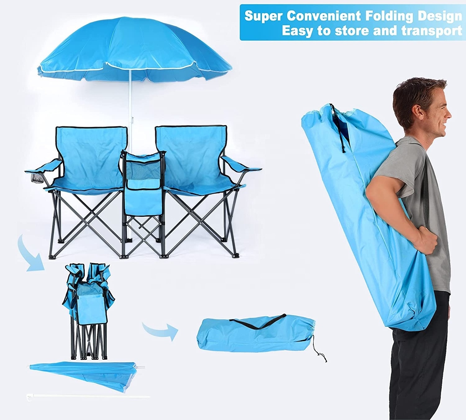 NPOT Wholesale Double Portable Picnic Chair Folding Camping Chair W/umbrella Outdoor Beach Camping Chair Iron Customized Logo