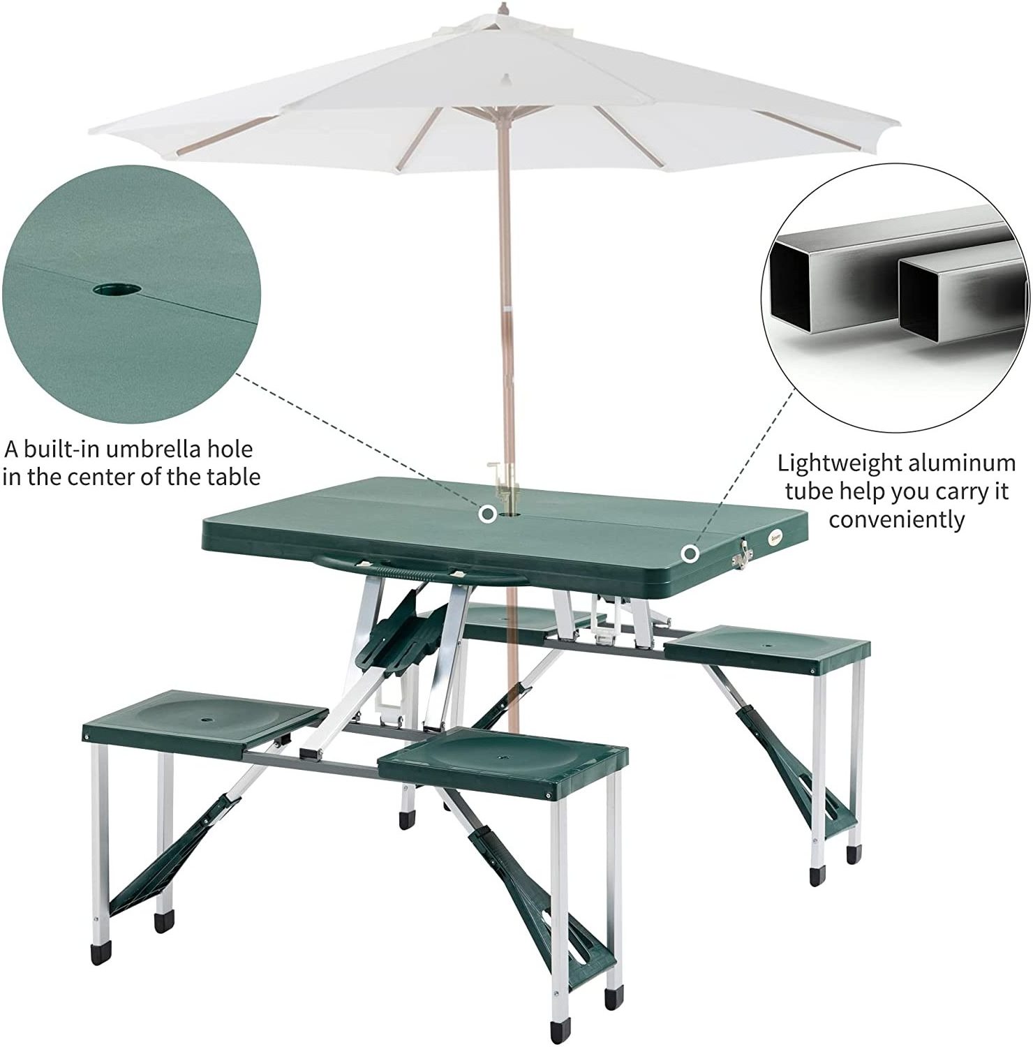 NPOT Portable Foldable Camping Picnic Table Set with Four Chairs and Umbrella Hole, 4-Seats Aluminum Fold Up Travel Picnic Table