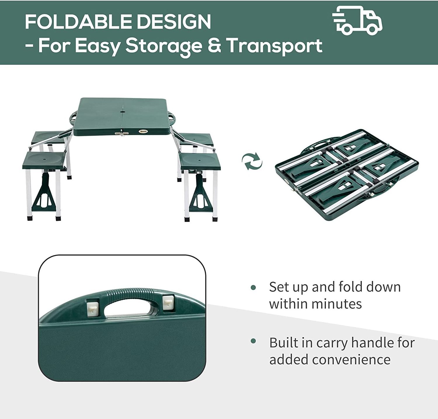 NPOT Portable Foldable Camping Picnic Table Set with Four Chairs and Umbrella Hole, 4-Seats Aluminum Fold Up Travel Picnic Table