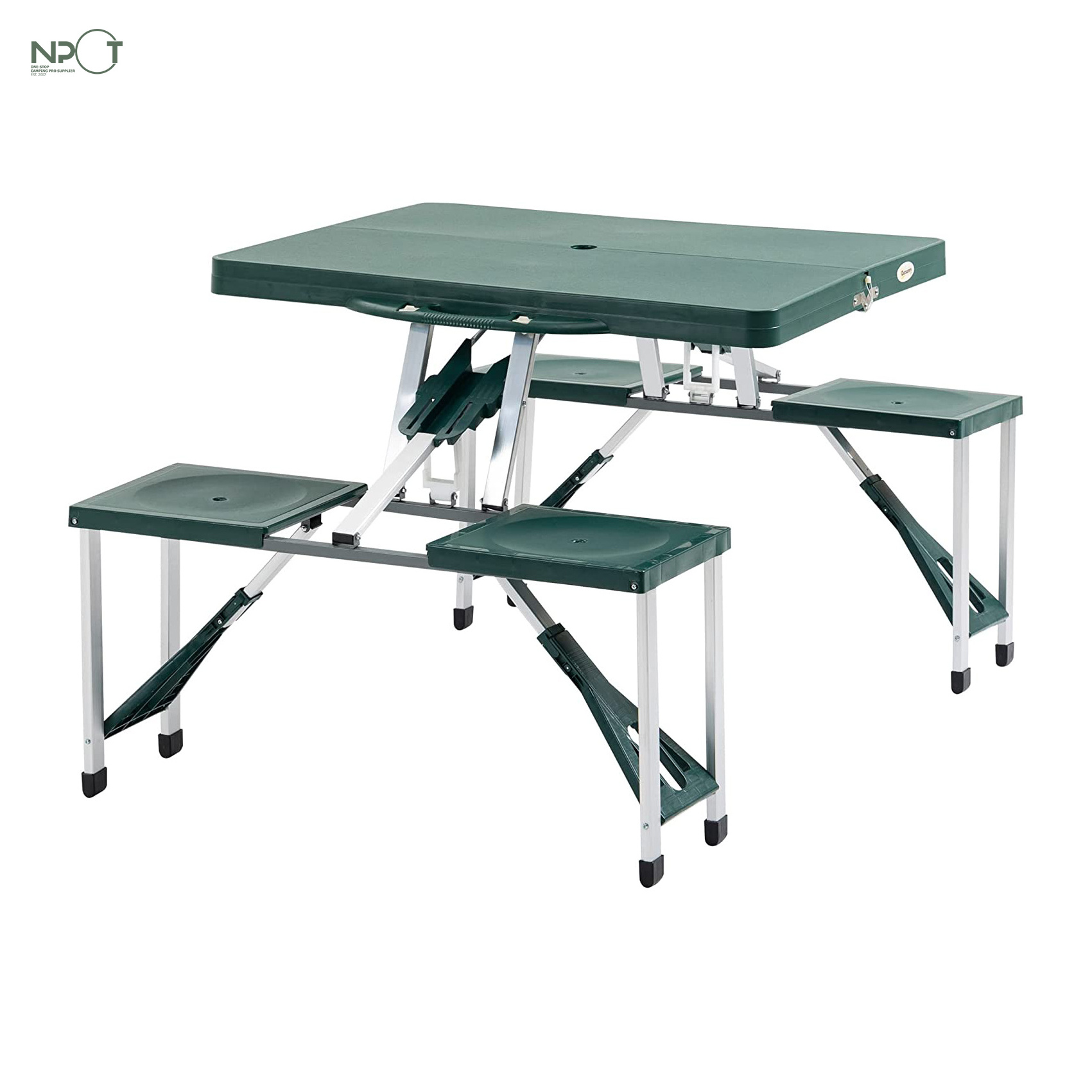 NPOT Portable Foldable Camping Picnic Table Set with Four Chairs and Umbrella Hole, 4-Seats Aluminum Fold Up Travel Picnic Table