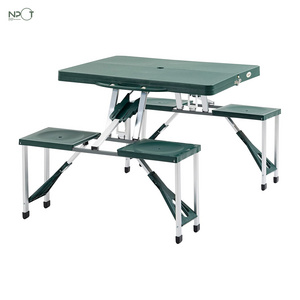 NPOT Portable Foldable Camping Picnic Table Set with Four Chairs and Umbrella Hole, 4-Seats Aluminum Fold Up Travel Picnic Table