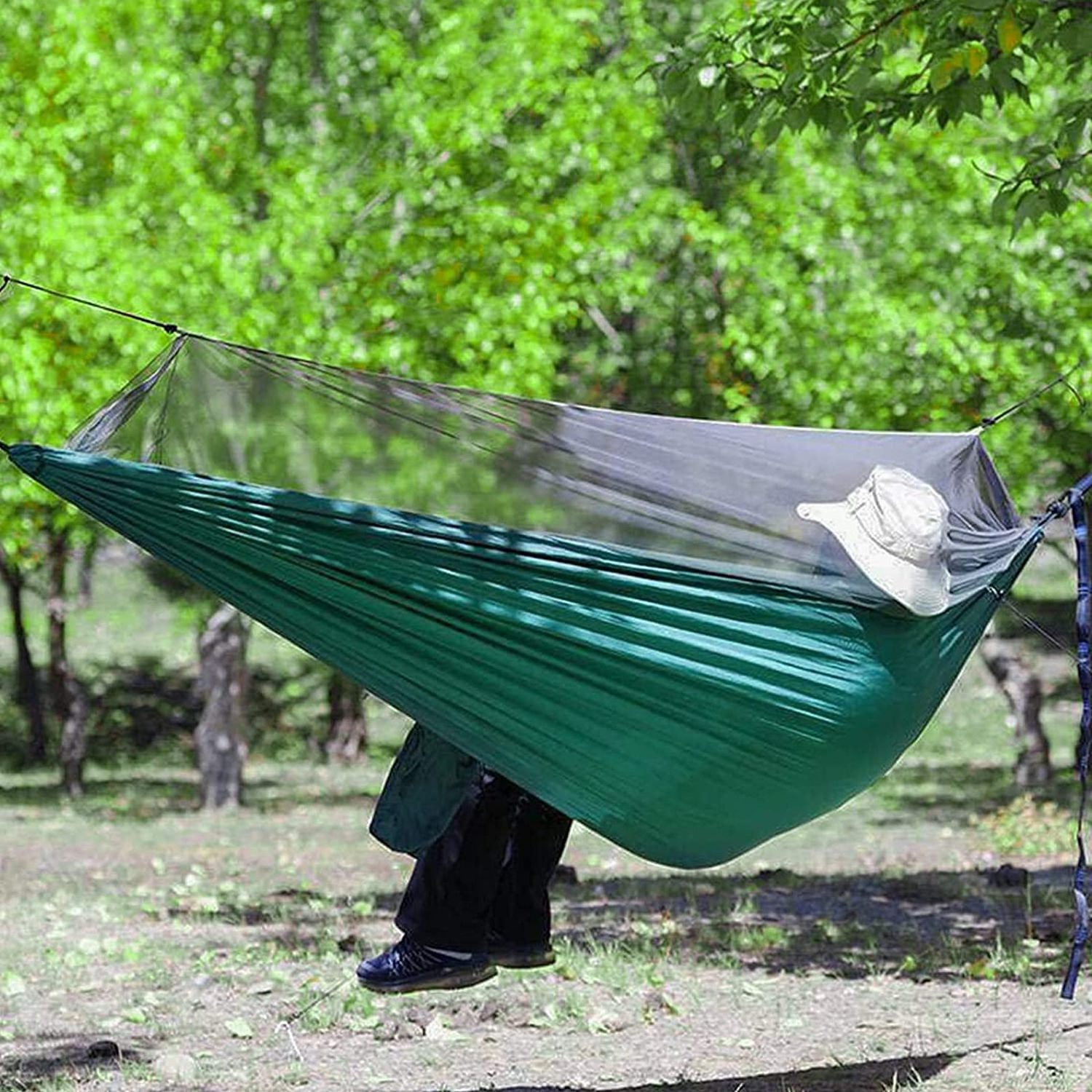 With Mosquito Net Portable Travel Hammock with Tree Straps D-shaped Carabiner Elastic Rope Loop Parachute Nylon Hammock Adult