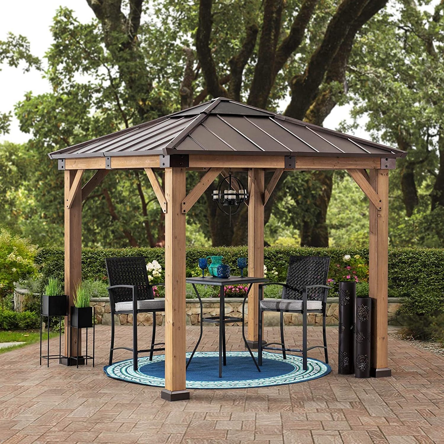 NPOT Outdoor Patio 9 ft. x 9 ft. Cedar Framed Wood Gazebo with Brown Steel & Polycarbonate Hip Roof Hardtop