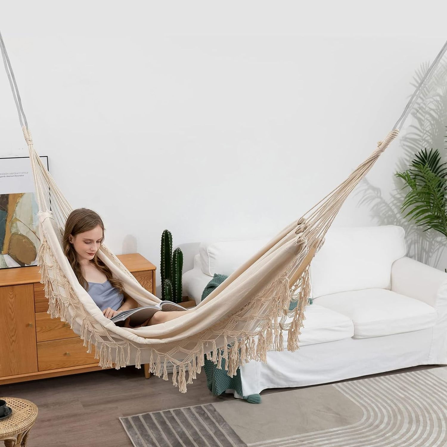 NPOT Tassel Bohemian Beach Hanging Chair Outdoor Camping Double Canvas Hammock