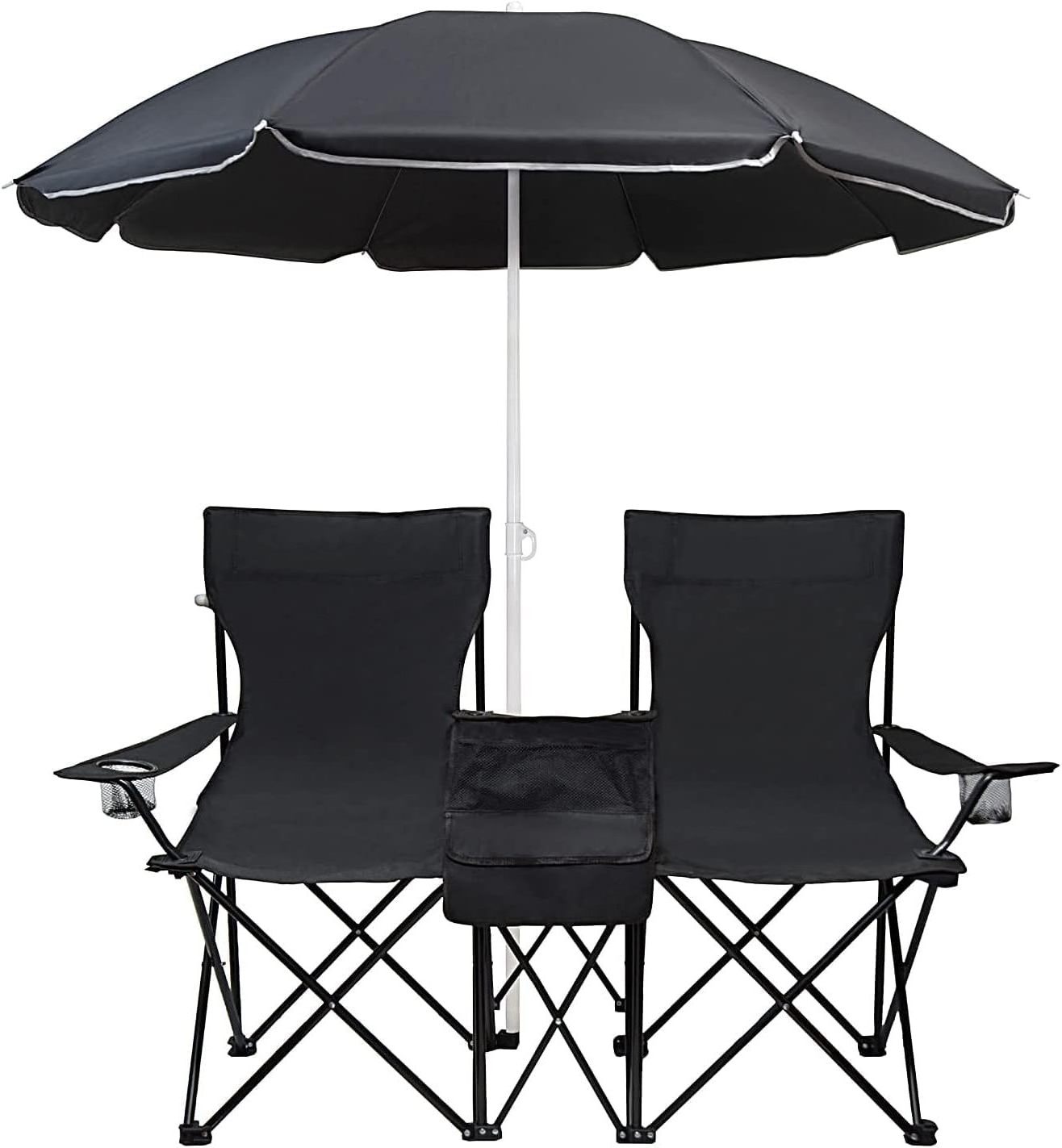 NPOT Custom Modern Outdoor Folding Lightweight Beach Lover Double Camping Chairs Moon Chair with Umbrella Fabric Alloy Steel