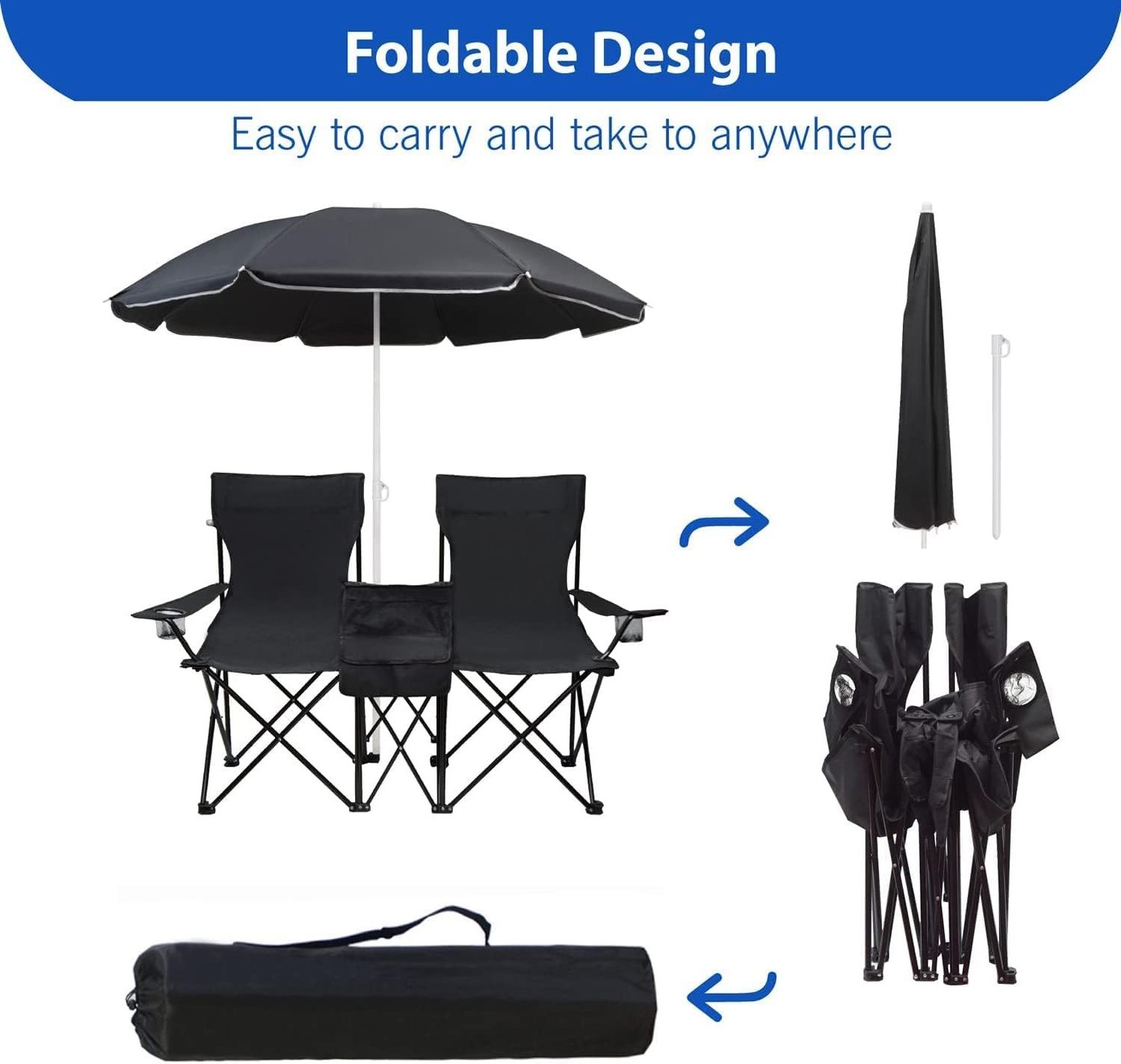 NPOT Custom Modern Outdoor Folding Lightweight Beach Lover Double Camping Chairs Moon Chair with Umbrella Fabric Alloy Steel