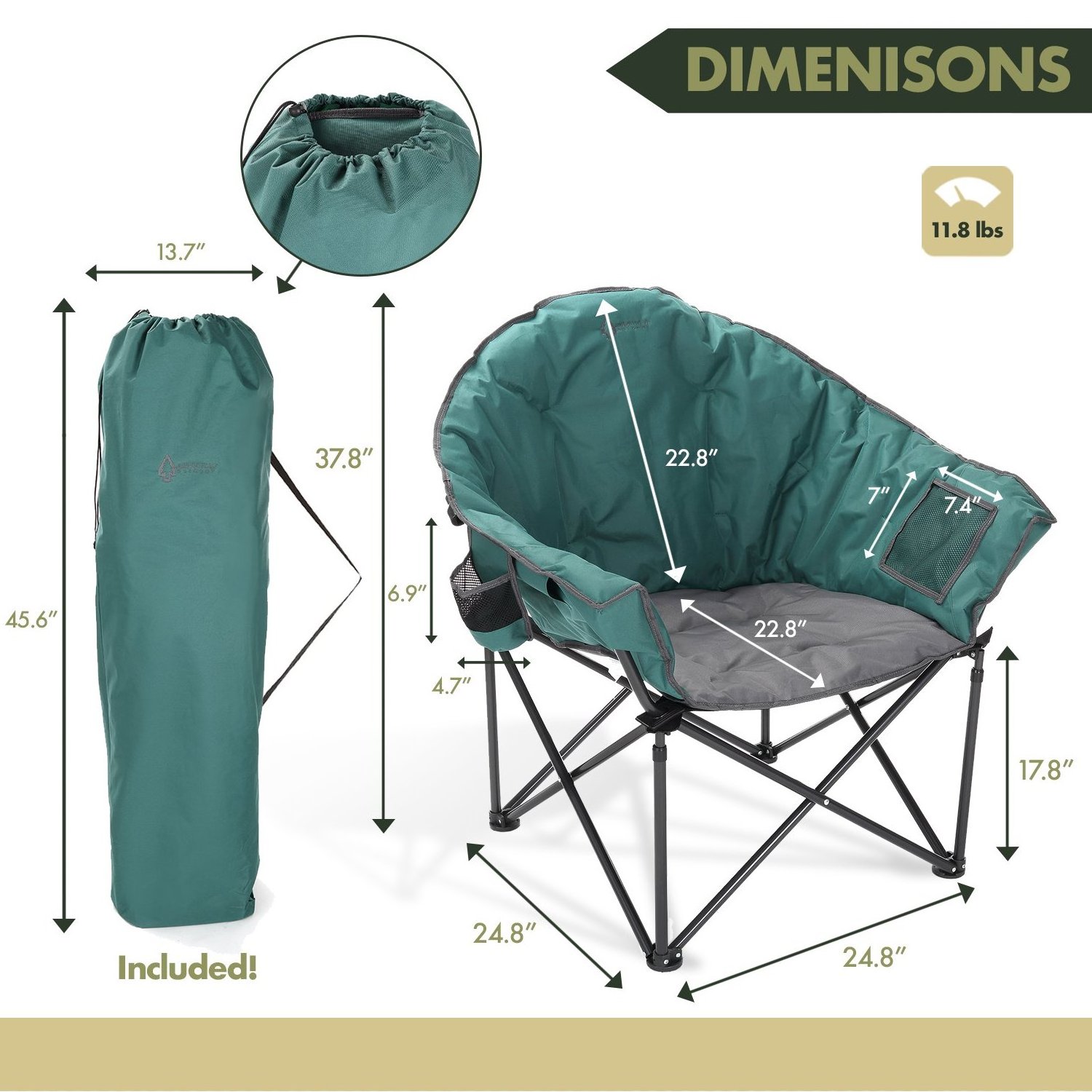 NPOT New Design Oversized Folding Camp Club Chair with External Pocket with Cup Holders Portable Padded Moon Round Saucer Chair