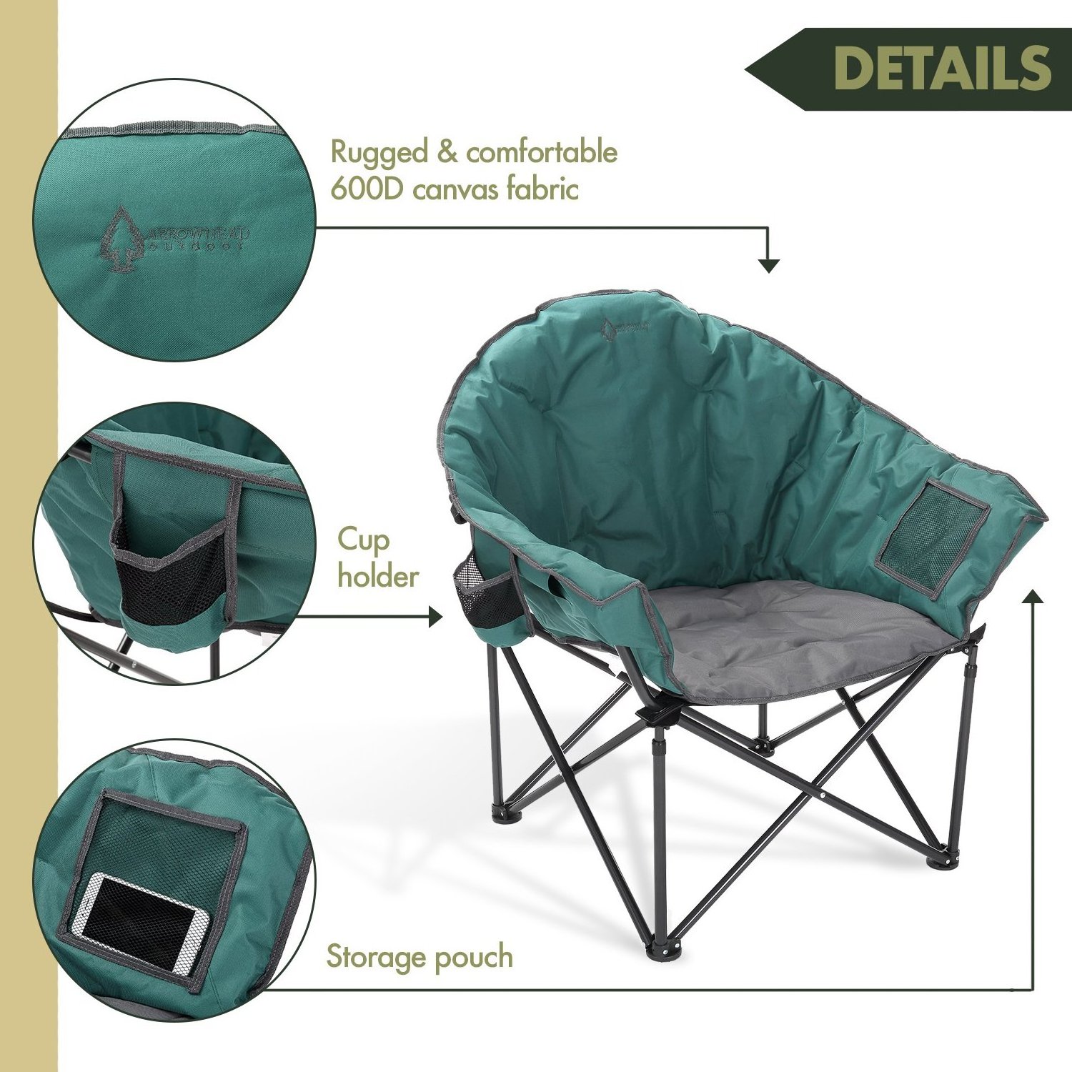 NPOT New Design Oversized Folding Camp Club Chair with External Pocket with Cup Holders Portable Padded Moon Round Saucer Chair