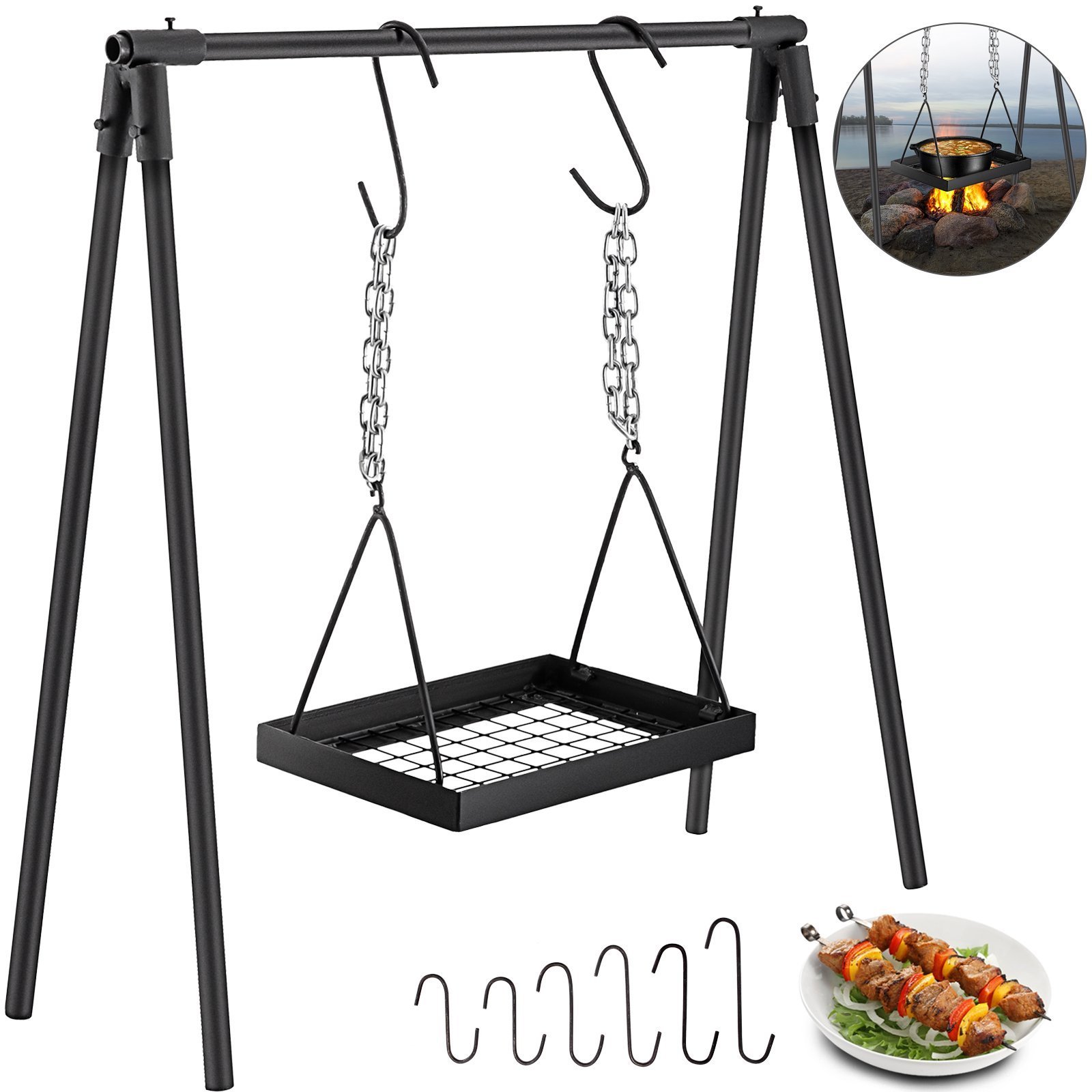 NPOT Swing Grill Campfire Cooking Stand, Outdoor Picnic Cookware Bonfire Party Equipment, Adjustable Heightwith Hooks