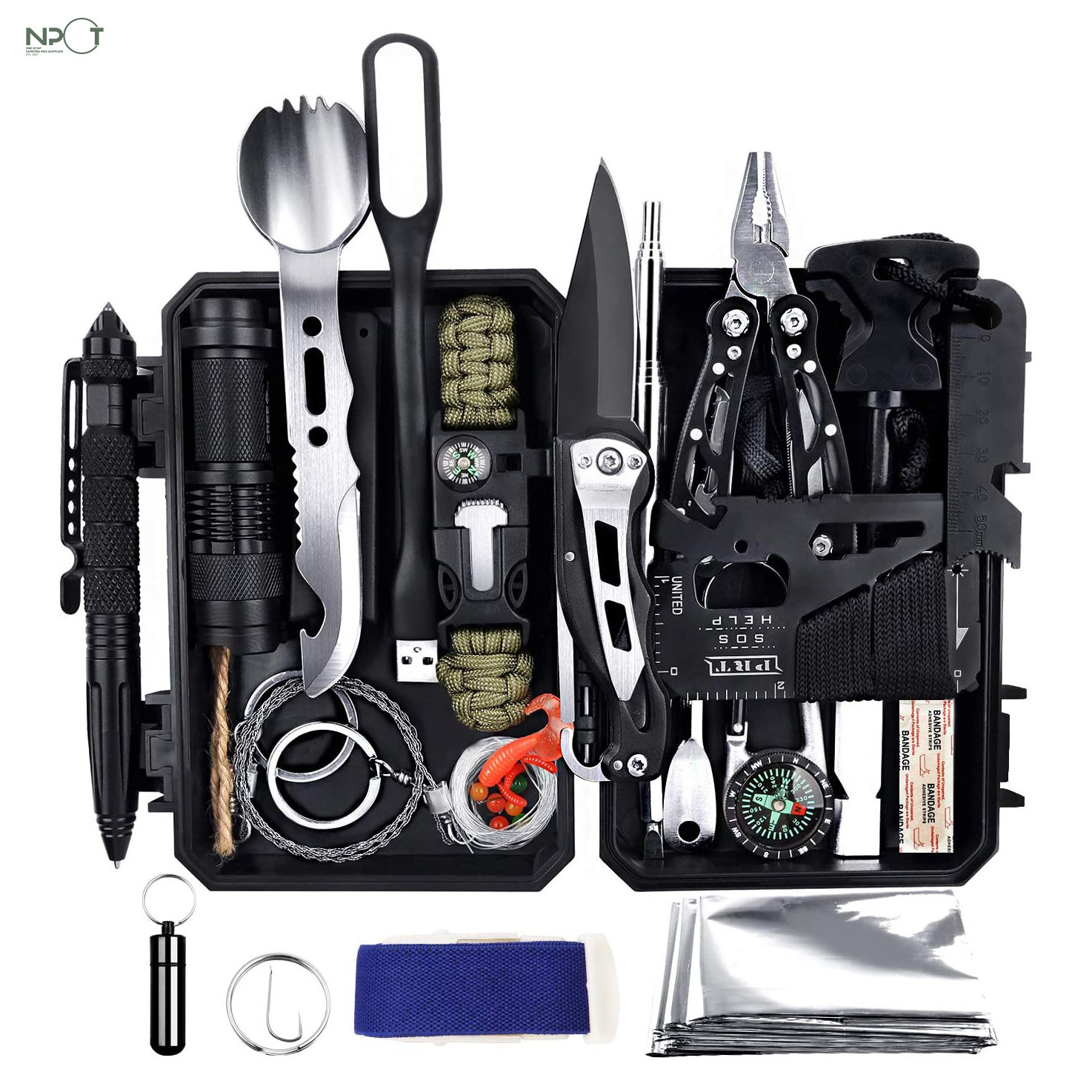 Outdoor Survival Kit 60 in 1,Multifunctional Outdoor Kit with Folding Knife,First Aid Kit Pocket Lamp for Outdoor Activities