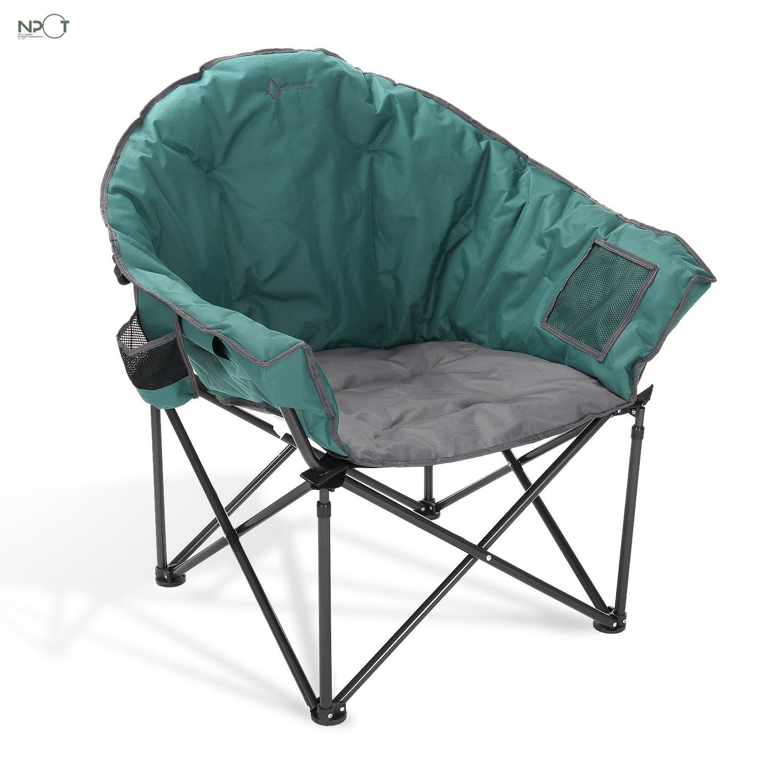 NPOT New Design Oversized Folding Camp Club Chair with External Pocket with Cup Holders Portable Padded Moon Round Saucer Chair