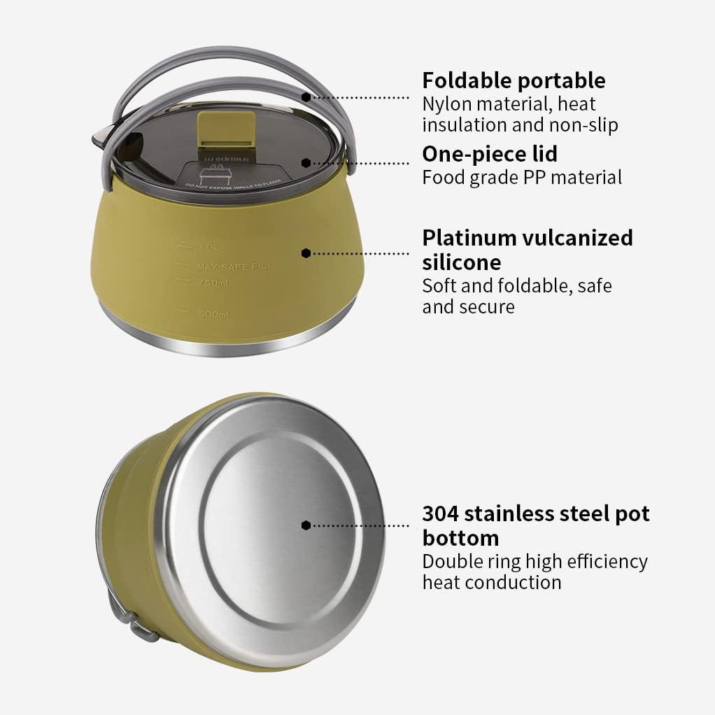 NPOT Portable Silicone Kettle for Travel and Camping 1L Water Tea Cookerware for Boiling Water Outdoors