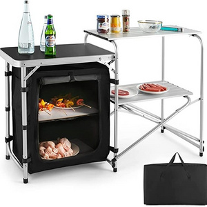 NPOT Camping Kitchen Table, Aluminum Outdoor Folding Grill Cook Station with Storage Organizer, 2 Side Tables for BBQ Picnic