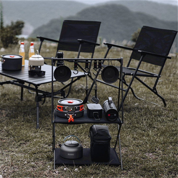 NPOT Outdoor Camping 3 Layers Storage Rack Portable Folding Aluminum Alloy Hook Storage Table