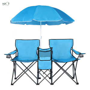 NPOT Double Folding Portable Picnic Chair with Umbrella Table,drink Holder,folding Table Metal for Patio Pool Park Outdoor Beach