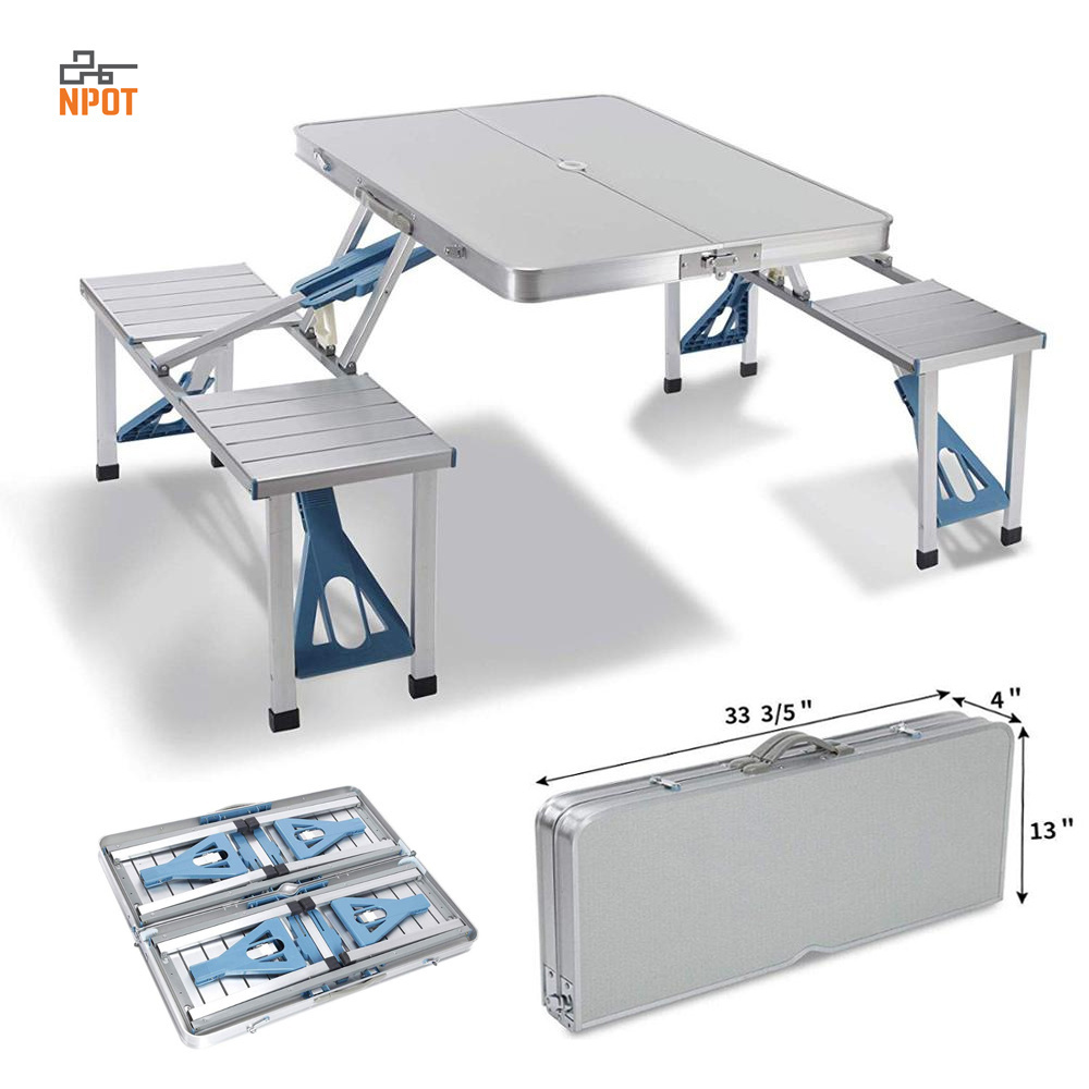 NPOT Aluminum Folding Picnic Table Portable Camping Table Suitcase Table with Bench Outdoor with 4 Seats Metal Customized Modern