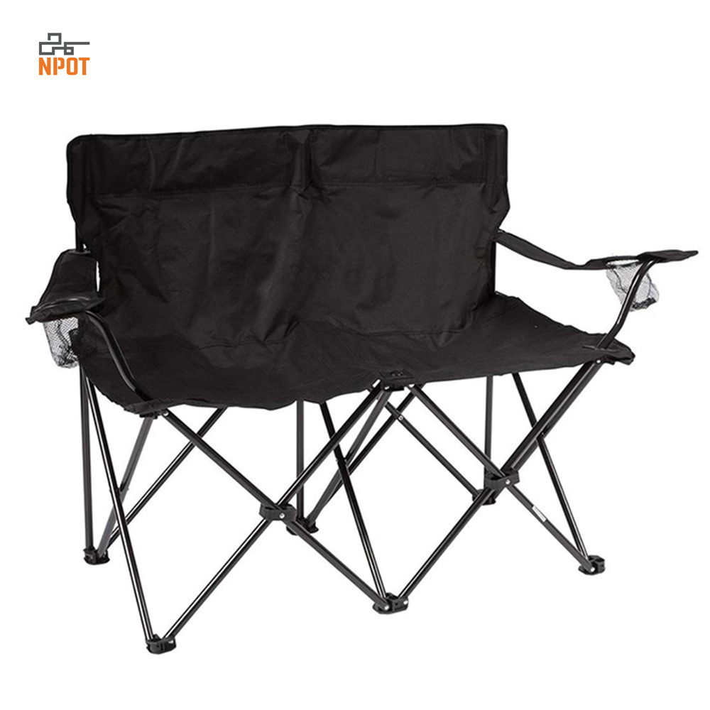 NPOT 2 Person Folding Two Seater Camping Chair Double Seat Folding Beach Chairs Modern Fishing Chair Black Color 200kg 4kg