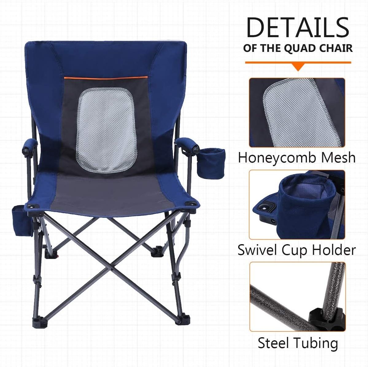 NPOT Camping Chair Folding Portable Quad Mesh Back with Cup Holder Pocket and Hard Armrest