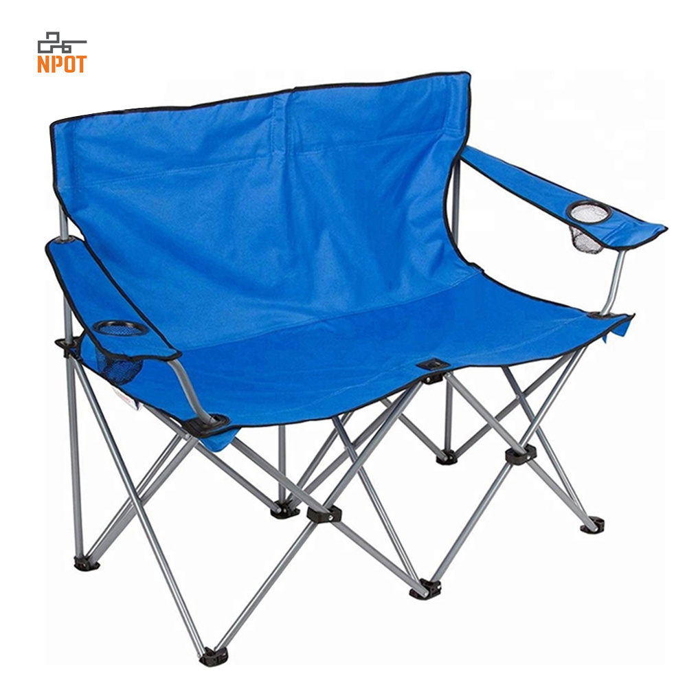 NPOT 2 Person Folding Two Seater Camping Chair Double Seat Folding Beach Chairs Modern Fishing Chair Black Color 200kg 4kg