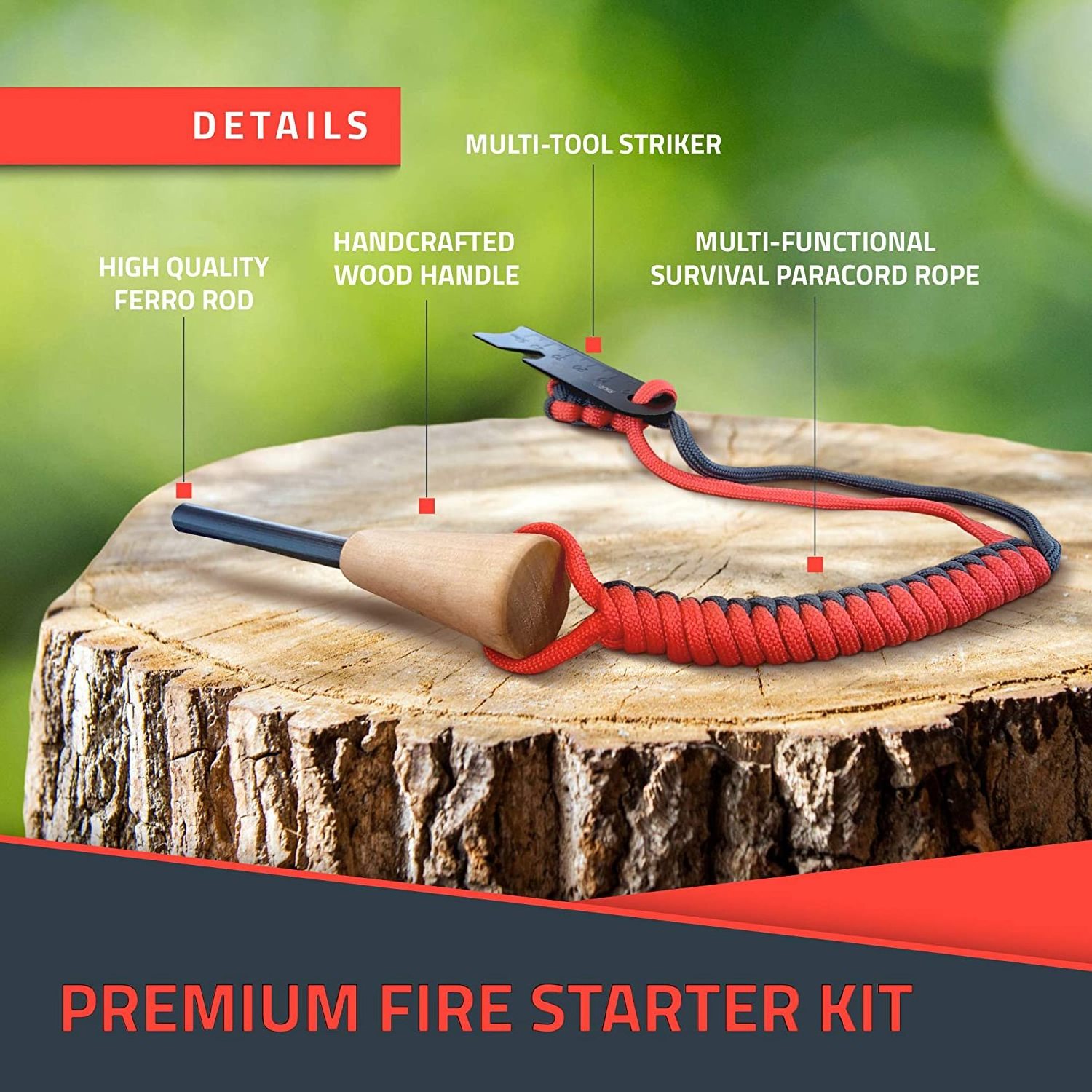 NPOT Fire Starter Kit with Handcrafted Wood Handle,Survival Flint and Steel Rods with Multi-Tool Striker and Paracord Lanyard