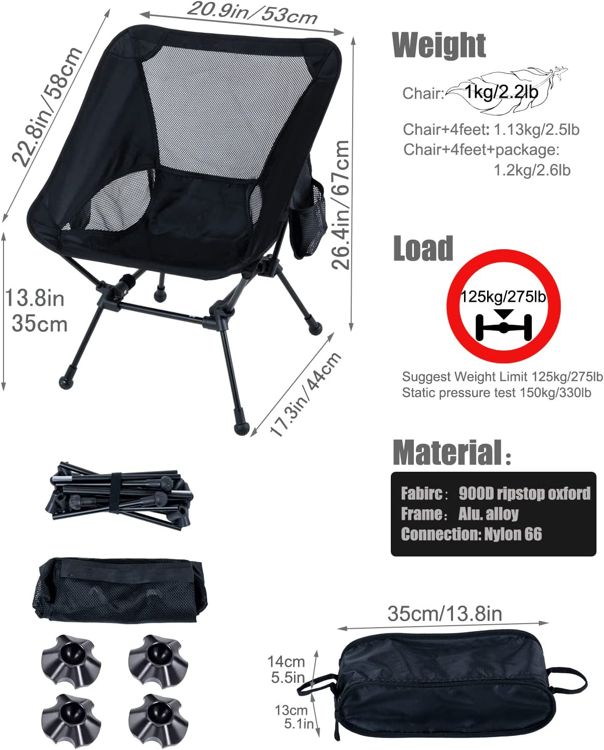 NPOT Ultralight Compact Camping Folding Beach Chair with Anti-Sinking Large Feet and Back Support Webbing