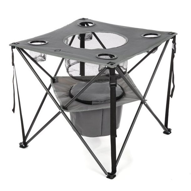 NPOT Portable Folding Tailgate Table, 4 Cup Holders Camping Table With Food Basket Insulated Cooler