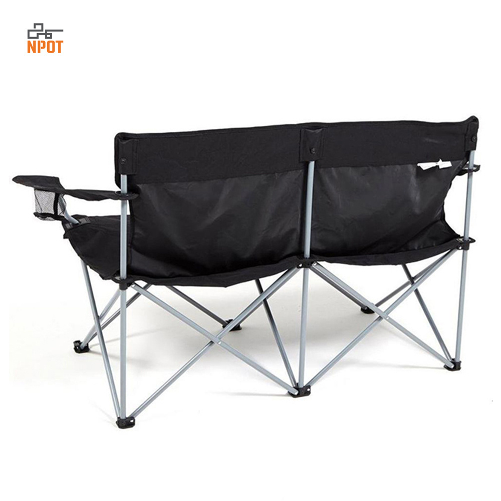 NPOT 2 Person Folding Two Seater Camping Chair Double Seat Folding Beach Chairs Modern Fishing Chair Black Color 200kg 4kg