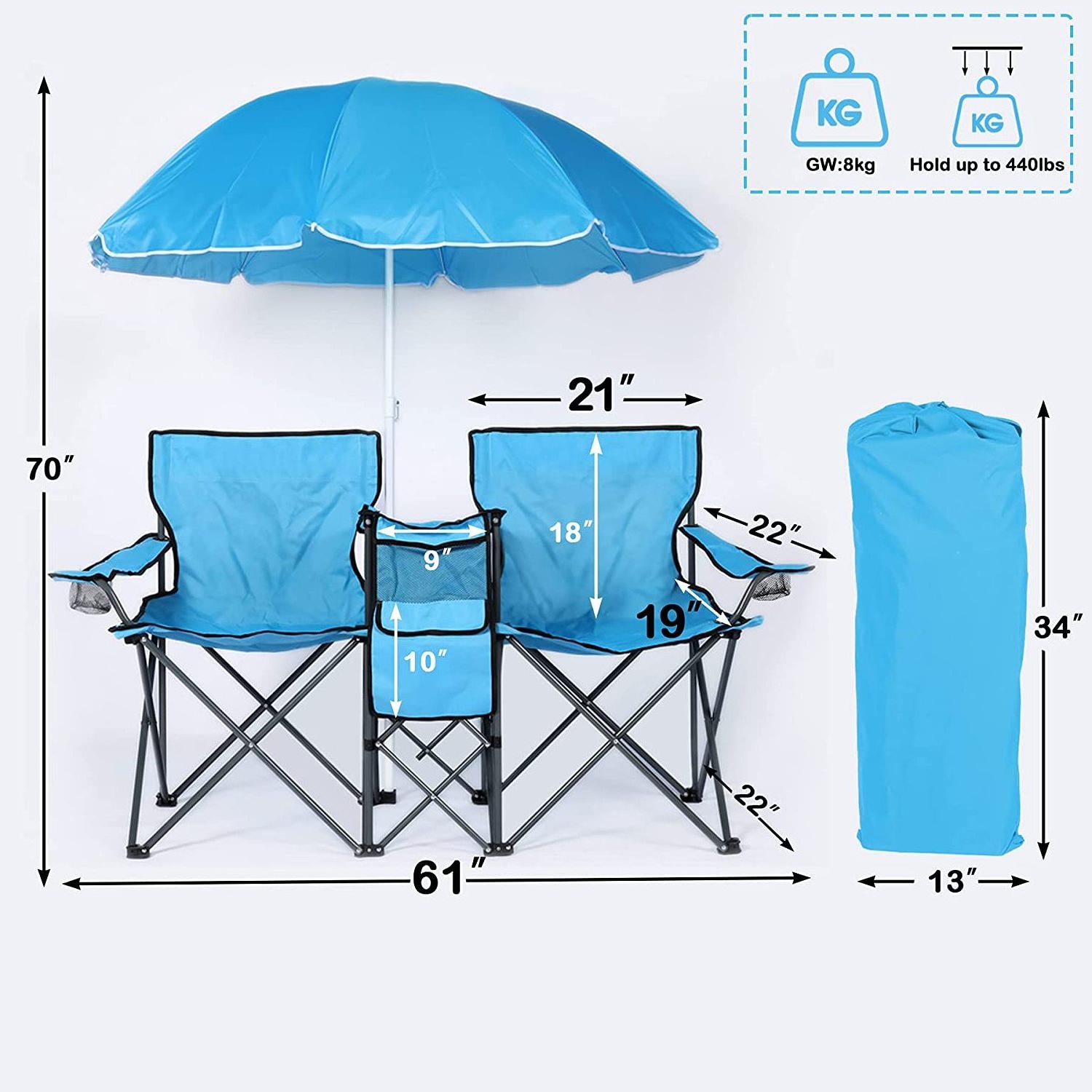 NPOT Double Folding Portable Picnic Chair with Umbrella Table,drink Holder,folding Table Metal for Patio Pool Park Outdoor Beach