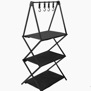 NPOT Outdoor Camping 3 Layers Storage Rack Portable Folding Aluminum Alloy Hook Storage Table