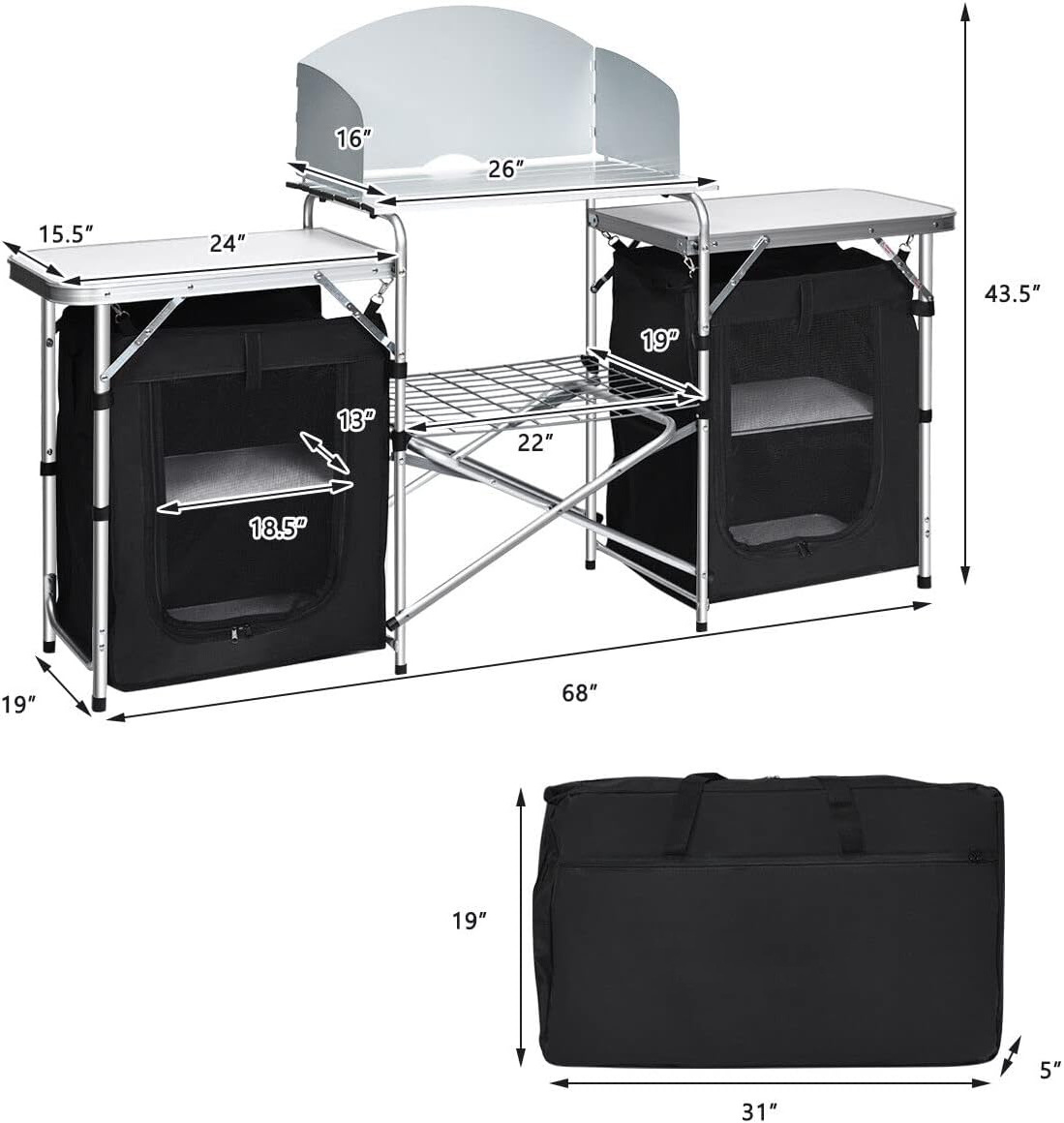 Portable Camping Kitchen Table Aluminum Fold-up Camping Kitchen with Windscreen,storage Organizer Outdoor Camp Cooking Table