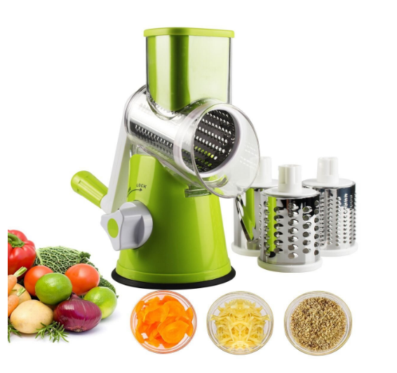 Vegetable Slicer  Vegetable Fruit Cutter Cheese Shredder Rotary Drum Grater with 3 Stainless Steel Rotary Blades and Suction Cup