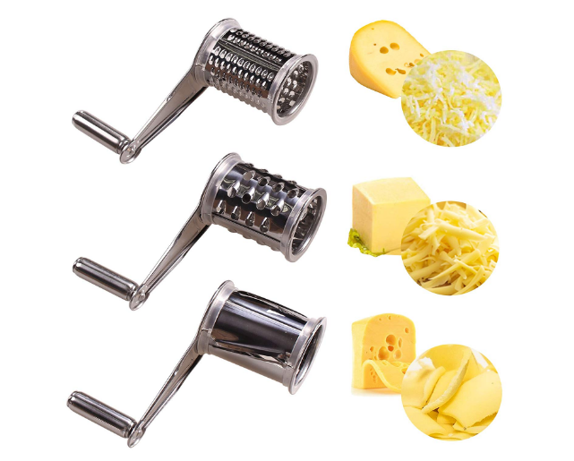 Rotary Cheese Grater - Vegetable Cheese Cutter Slicer Shredder with 3 Interchanging Rotary  Sharp Cylinders Stainless Steel