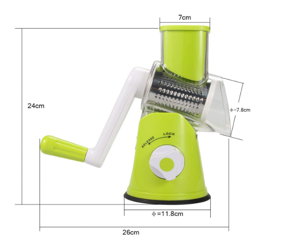 Vegetable Slicer  Vegetable Fruit Cutter Cheese Shredder Rotary Drum Grater with 3 Stainless Steel Rotary Blades and Suction Cup