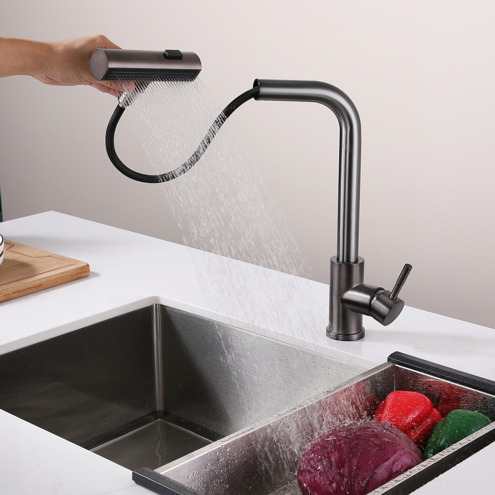 Black stainless steel kitchen sink taps faucet in brushed pull out with side sprayer 3 way waterfall faucet kitchen