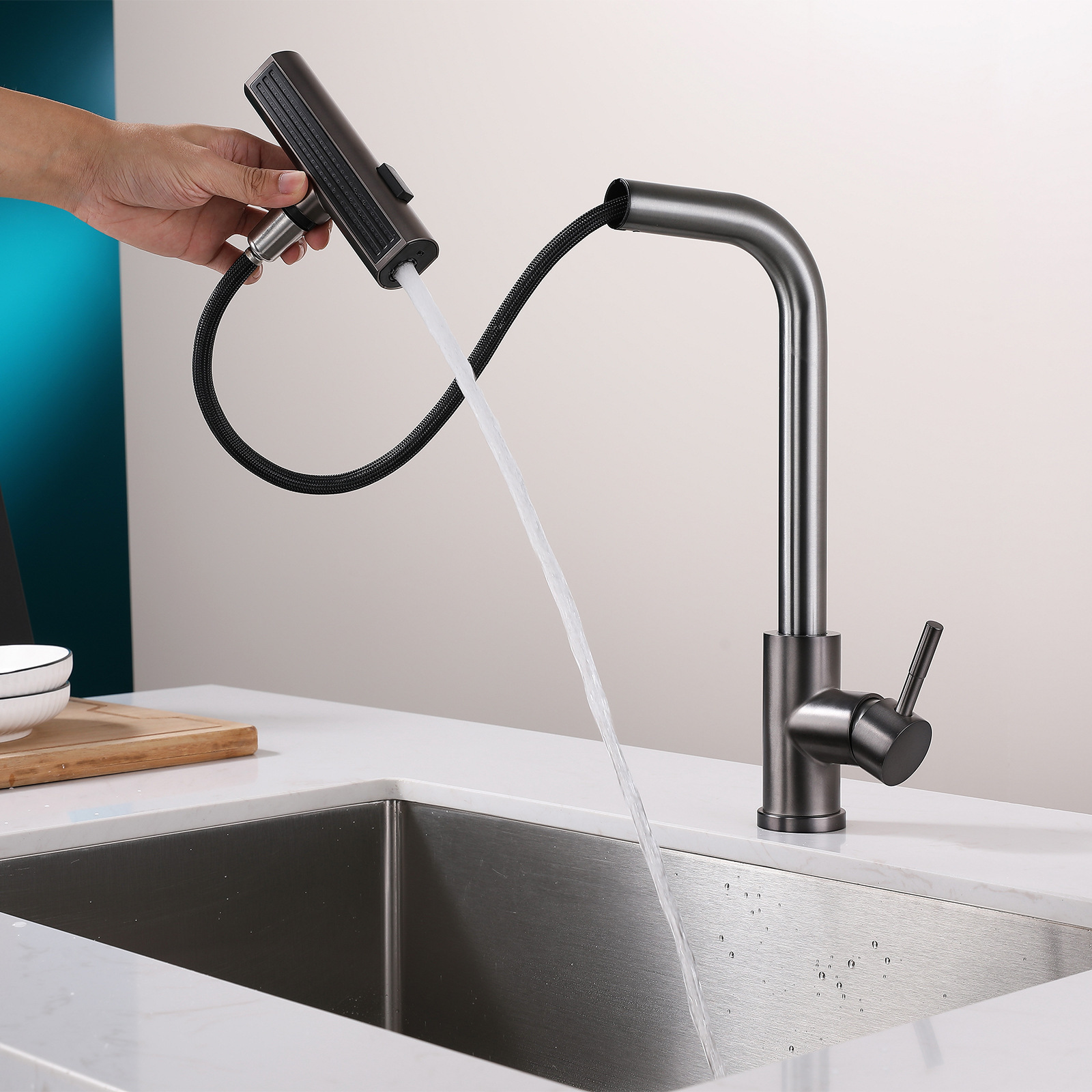 Black stainless steel kitchen sink taps faucet in brushed pull out with side sprayer 3 way waterfall faucet kitchen