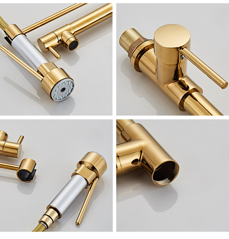 cheap price brushed brass single hole handle gold golden long neck kitchen tap commercial kitchen faucet pull out