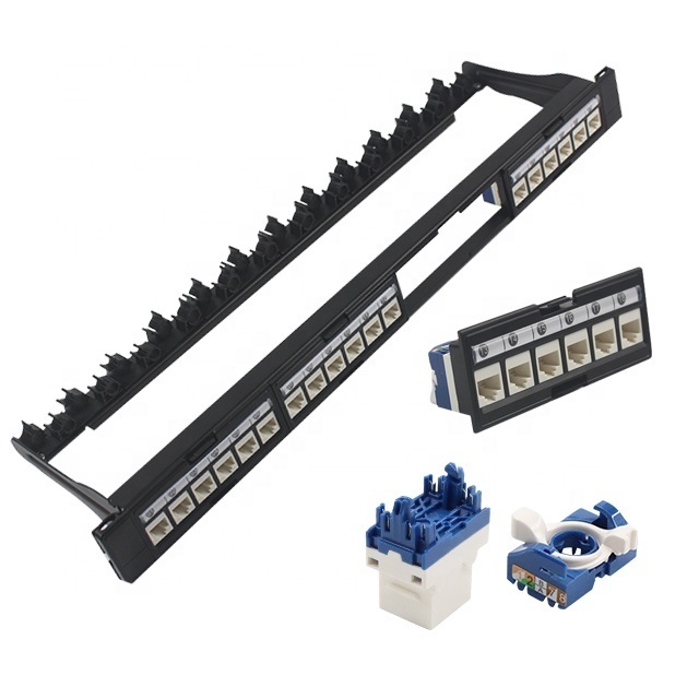 24 port Cat6 lan patch panel loaded modular keystone jack toolless roll lock for networking rack cabinets