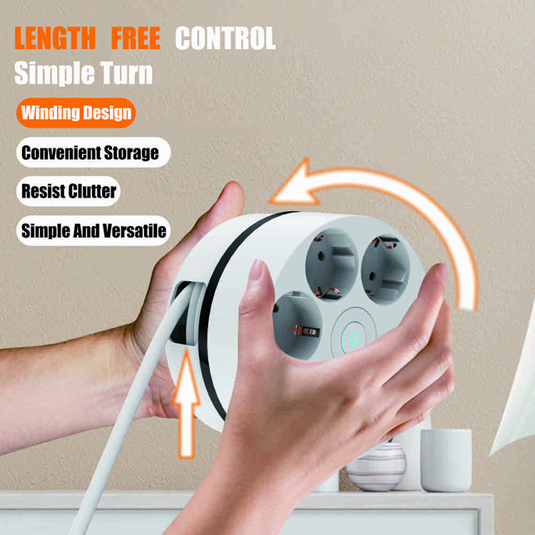 E17 2024 new Round design EU Standard 5 Outlets Wall Hook Cable Reel Retractable Power Strip With Switch