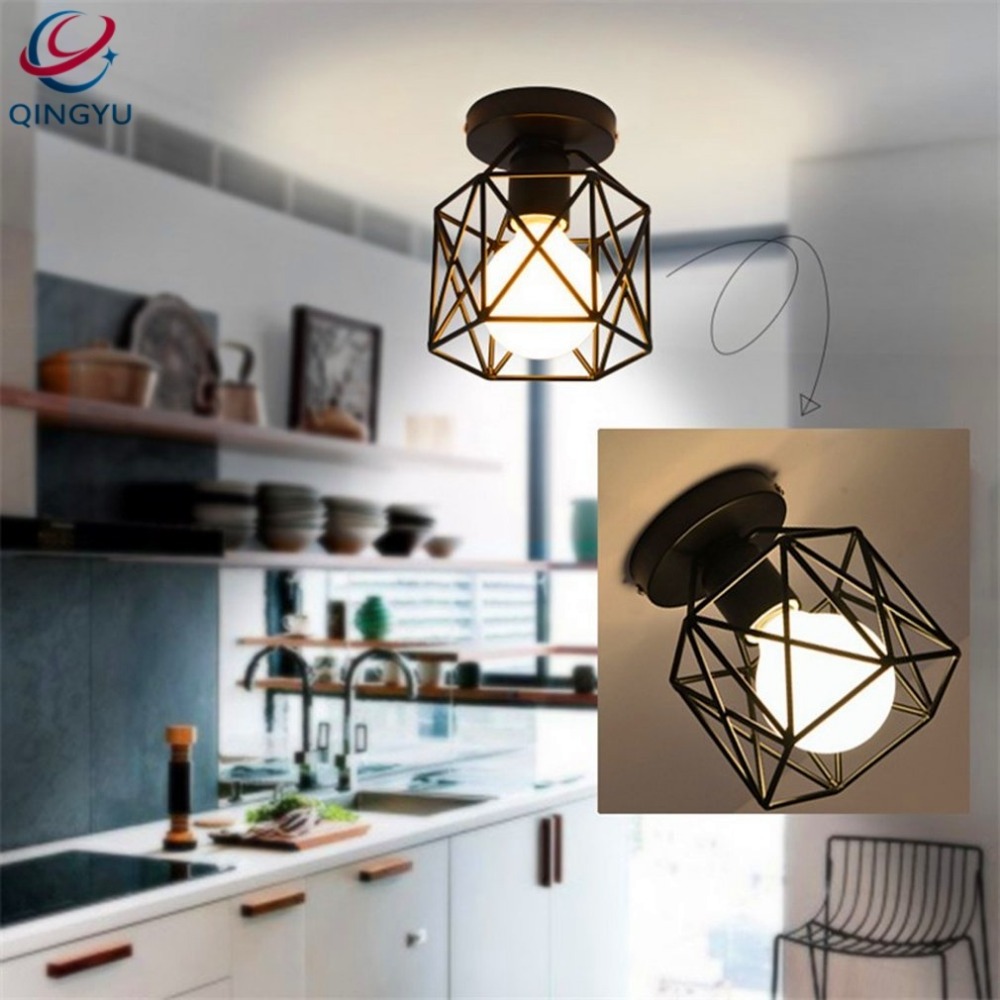 Industrial Metal Black Cage Flush Mount Ceiling Lamp Light Fixture with single light bulb