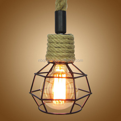 Vintage Iron Cage Light Hemp Rope Loft Style Pendant Lights for Home Decor retro ceiling lamp