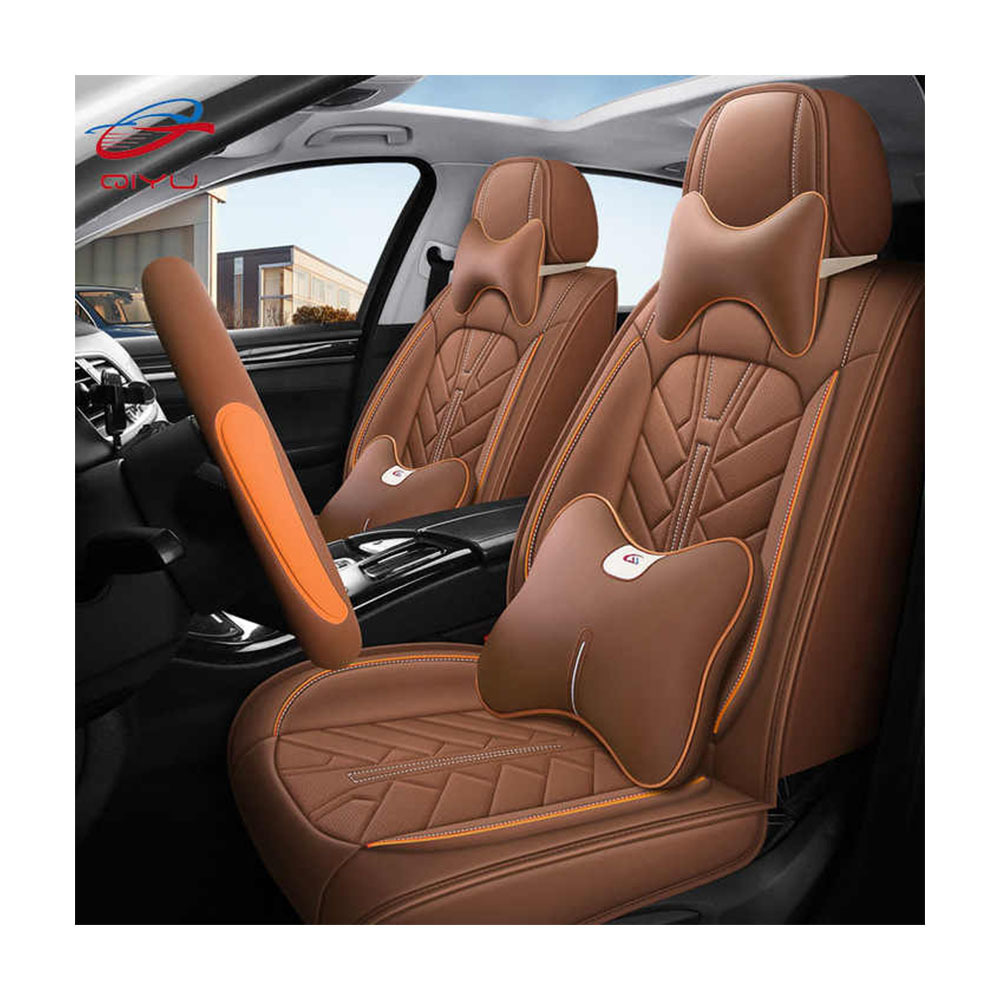 QIYU Factory 1Leather Car Seat Cover with Embroidery Universal Waterproof Protector Pad with Steering Wheel Cover