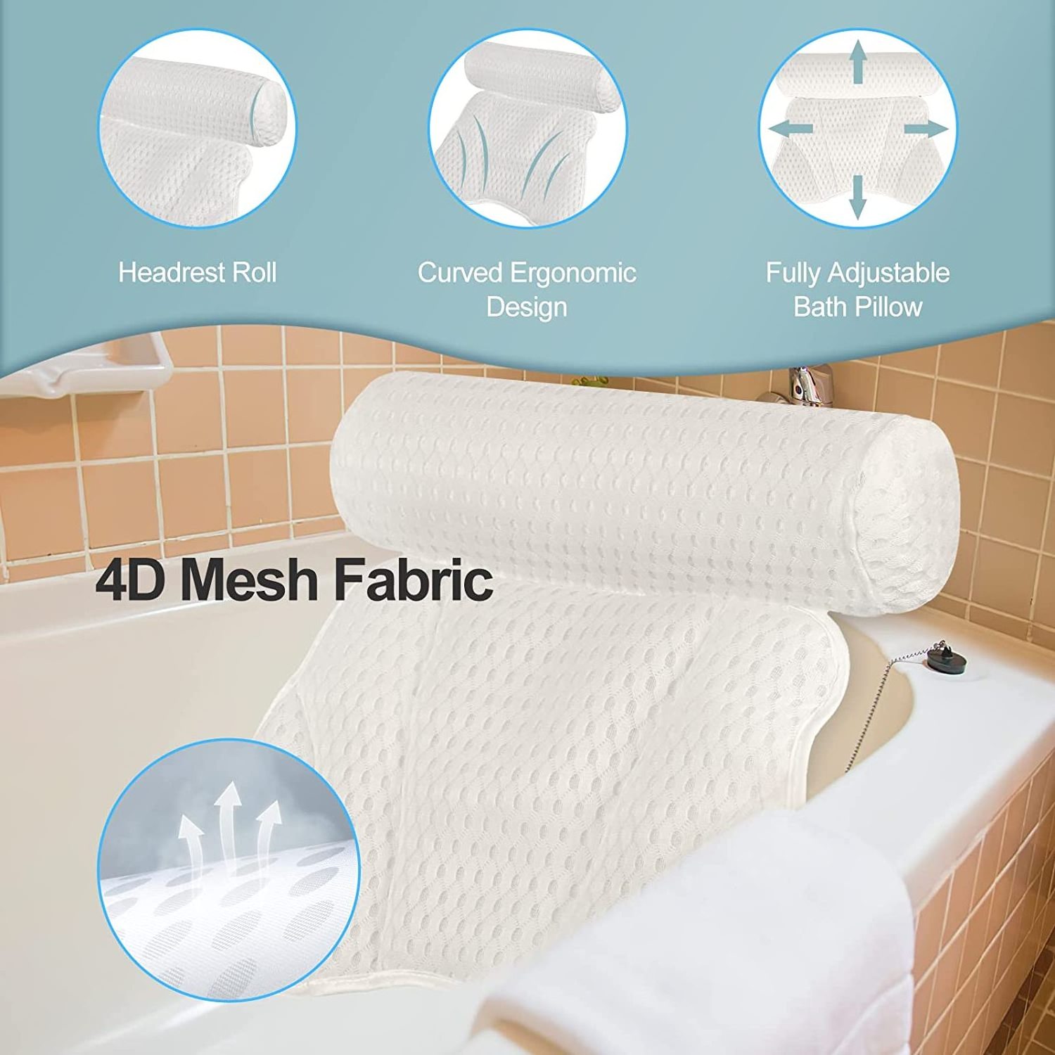 Hot 4D Air Mesh Tub Pillow Headrest with 6 Strong Suction Cups Bathtub Pillow Ergonomic Tub Pillow for Neck and Back Support Bathroom Products Accessories